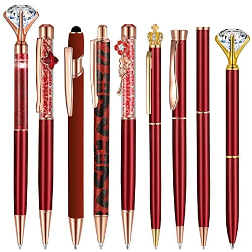 Janmini 9 Pcs Rose Gold Ballpoint Pens Set with Metal Crystal Diamond Design - Women's Fancy Pens for Journaling, Writin