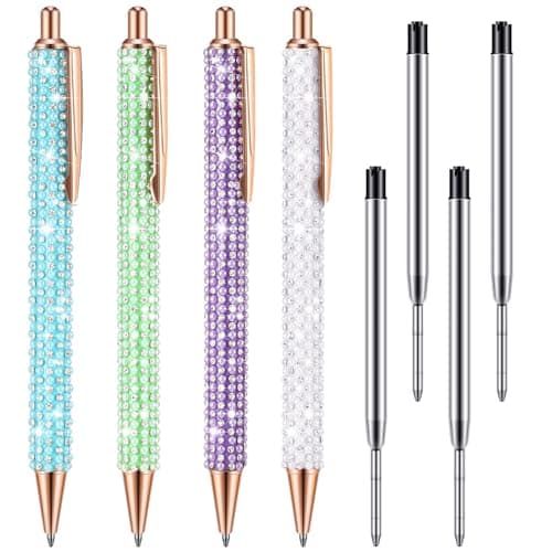 Ireer Silver Bling Rhinestone Sparkly Pens for Women Diamond Ink Crystal Glitter Metal Ballpoint Fancy Pens 4 Pcs 1.0mm