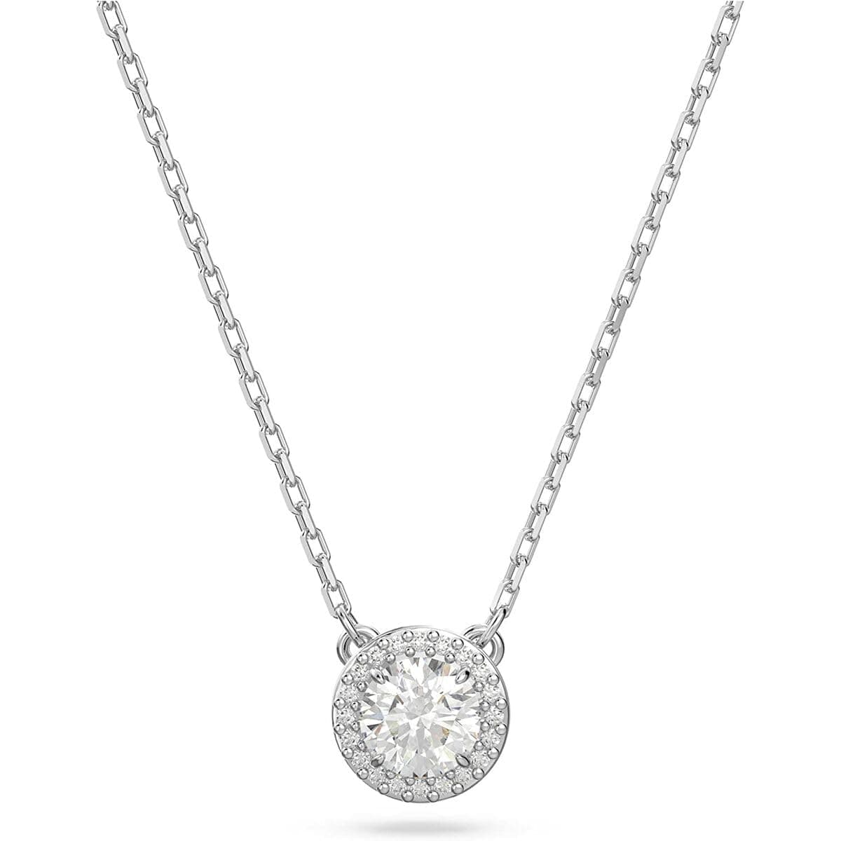 Swarovski Angelic Pendant: Circular Clear Crystal, Rhodium Plated Chain, Elegant Evening Jewelry