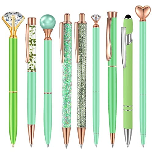 Janmini 9 Pcs Rose Gold Ballpoint Pens Set with Metal Crystal Diamond Design - Women's Fancy Pens for Journaling, Writin