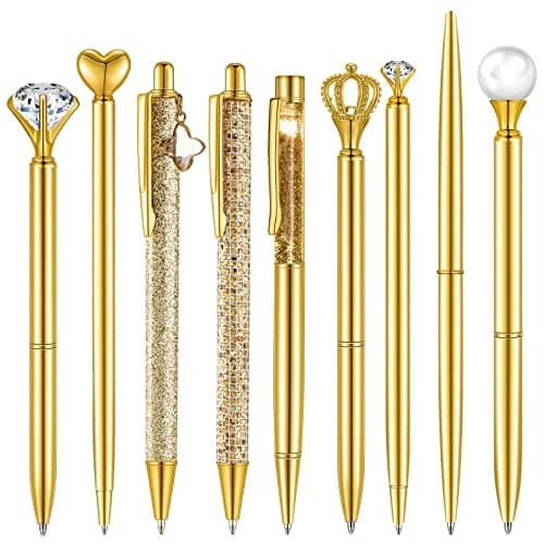 Janmini 9 Pcs Rose Gold Ballpoint Pens Set with Metal Crystal Diamond Design - Women's Fancy Pens for Journaling, Writin