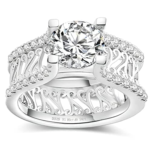 AmoreNel Moissanite Engagement Rings for Women Round Cut S925 Sterling Silver Plated 18K White Gold D Color VVS1 Promise