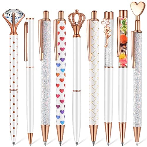 Janmini 9 Pcs Rose Gold Ballpoint Pens Set with Metal Crystal Diamond Design - Women's Fancy Pens for Journaling, Writin