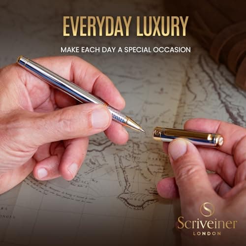 Scribeiner Silver Chrome Rollerball Pen - Luxury Pen for Men & Women, Real Gold Plating, Schmidt Ink Refill, Professiona