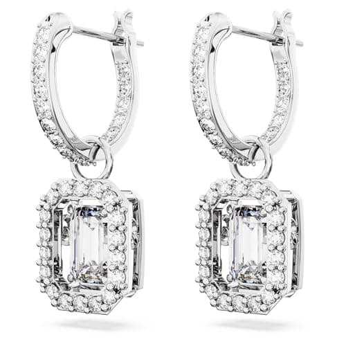 Swarovski Una Drop Earrings for Women, Octagon Shaped, Violet and Clear Crystals, Rhodium Plated, Unmatched Sparkleatric