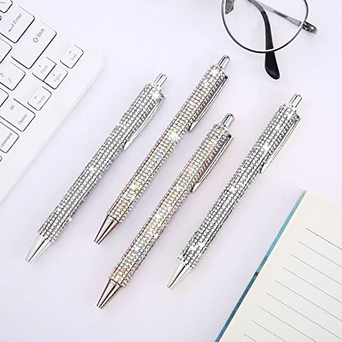 Ireer Silver Bling Rhinestone Sparkly Pens for Women Diamond Ink Crystal Glitter Metal Ballpoint Fancy Pens 4 Pcs 1.0mm