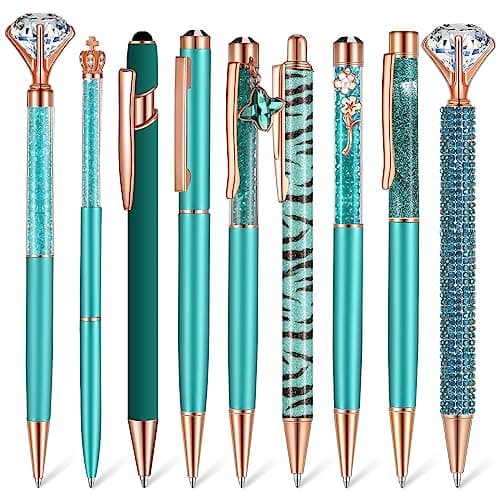 Janmini 9 Pcs Rose Gold Ballpoint Pens Set with Metal Crystal Diamond Design - Women's Fancy Pens for Journaling, Writin