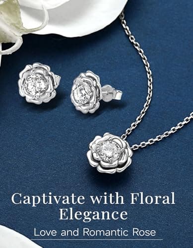 MomentWish 1Carat Moissanite Flower Necklace for Her 925 Sterling Silver Rose Valentine's Day Gift for Wife Recycled Cla