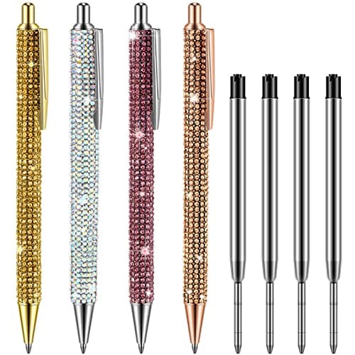 Ireer Silver Bling Rhinestone Sparkly Pens for Women Diamond Ink Crystal Glitter Metal Ballpoint Fancy Pens 4 Pcs 1.0mm