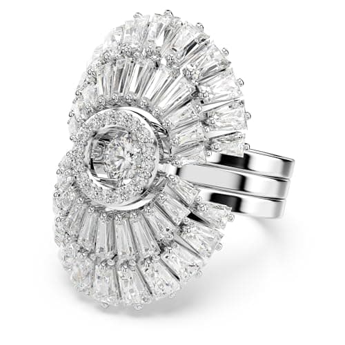 Swarovski Idyllia 3-Piece Ring Set for Women, Mixed Cut Crystals, Shell Motif, Rhodium Finished Metal, Elegant Jewelry G