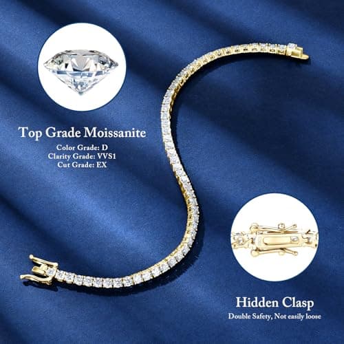 WOAINI Women's Moissanite Tennis Bracelet, 5.5 Carat with 925 Sterling Silver Gold Plating, 7" Length, VVSI Clarity, Bir