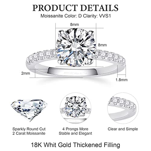 AmoreNel Moissanite Engagement Rings for Women Round Cut S925 Sterling Silver Plated 18K White Gold D Color VVS1 Promise