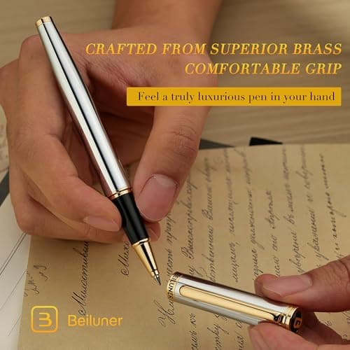 BEILUNER Luxury Rollerball Pen, Stunning Silver Chrome with 24K Gold Finish, Professional Gift Pen for Men & Women
| BE