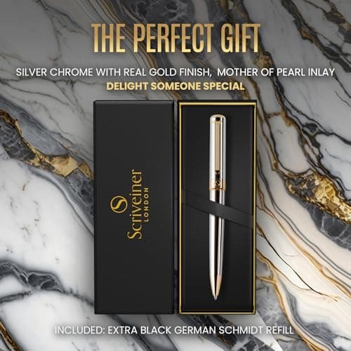 Silver Chrome Ballpoint Pen - Stunning Luxury Pen with 24K Gold Finish, Professional Gift Set for Men & Women, Office Ba