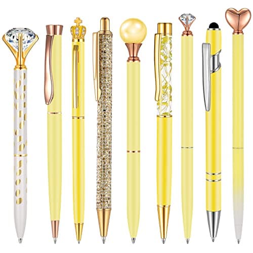 Janmini 9 Pcs Rose Gold Ballpoint Pens Set with Metal Crystal Diamond Design - Women's Fancy Pens for Journaling, Writin