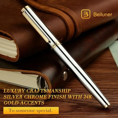 BEILUNER Luxury Rollerball Pen, Stunning Silver Chrome with 24K Gold Finish, Professional Gift Pen for Men & Women
| BE