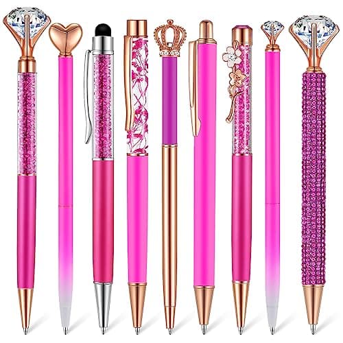 Janmini 9 Pcs Rose Gold Ballpoint Pens Set with Metal Crystal Diamond Design - Women's Fancy Pens for Journaling, Writin