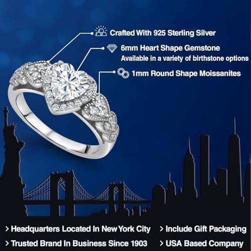 Gem Stone King 925 Sterling Silver Heart Gemstone Ring for Women | White Moissanite Halo | Wedding Anniversary Engagemen