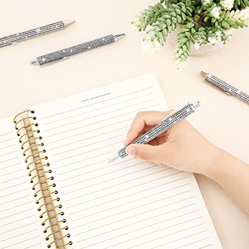 Ireer Silver Bling Rhinestone Sparkly Pens for Women Diamond Ink Crystal Glitter Metal Ballpoint Fancy Pens 4 Pcs 1.0mm