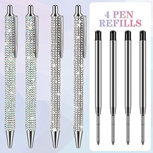Ireer Silver Bling Rhinestone Sparkly Pens for Women Diamond Ink Crystal Glitter Metal Ballpoint Fancy Pens 4 Pcs 1.0mm