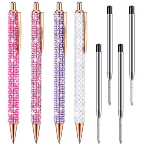 Ireer Silver Bling Rhinestone Sparkly Pens for Women Diamond Ink Crystal Glitter Metal Ballpoint Fancy Pens 4 Pcs 1.0mm