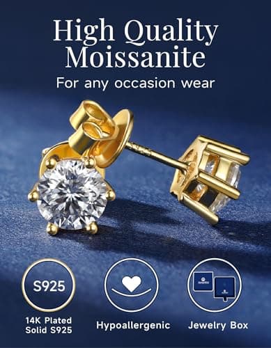 MomentWish 14K Gold Plated Stud Earrings for Women, 1-2 Carat Moissanite, Yellow/Rose Gold Plated 925 Sterling Silver Bi