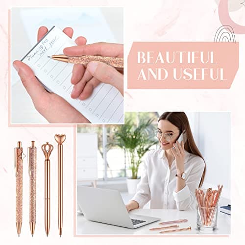 Janmini 9 Pcs Rose Gold Ballpoint Pens Set with Metal Crystal Diamond Design - Women's Fancy Pens for Journaling, Writin