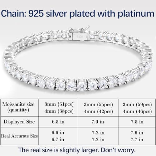 High-Durability Moissanite Tennis Bracelet with Composite Clasp for Women and Men 925 Silver Plated White Gold Chain 6.