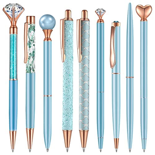 Janmini 9 Pcs Rose Gold Ballpoint Pens Set with Metal Crystal Diamond Design - Women's Fancy Pens for Journaling, Writin