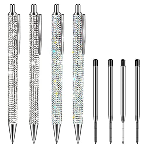 Ireer Silver Bling Rhinestone Sparkly Pens for Women Diamond Ink Crystal Glitter Metal Ballpoint Fancy Pens 4 Pcs 1.0mm