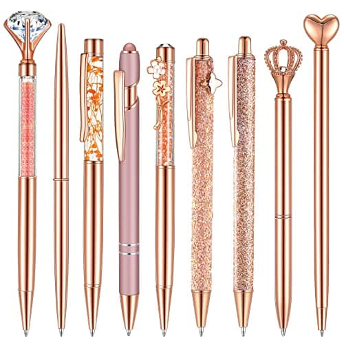 Janmini 9 Pcs Rose Gold Ballpoint Pens Set with Metal Crystal Diamond Design - Women's Fancy Pens for Journaling, Writin