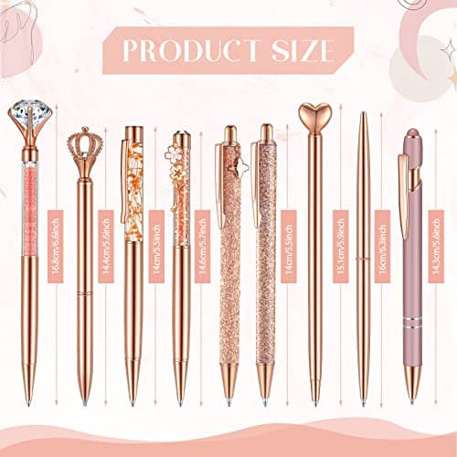 Janmini 9 Pcs Rose Gold Ballpoint Pens Set with Metal Crystal Diamond Design - Women's Fancy Pens for Journaling, Writin