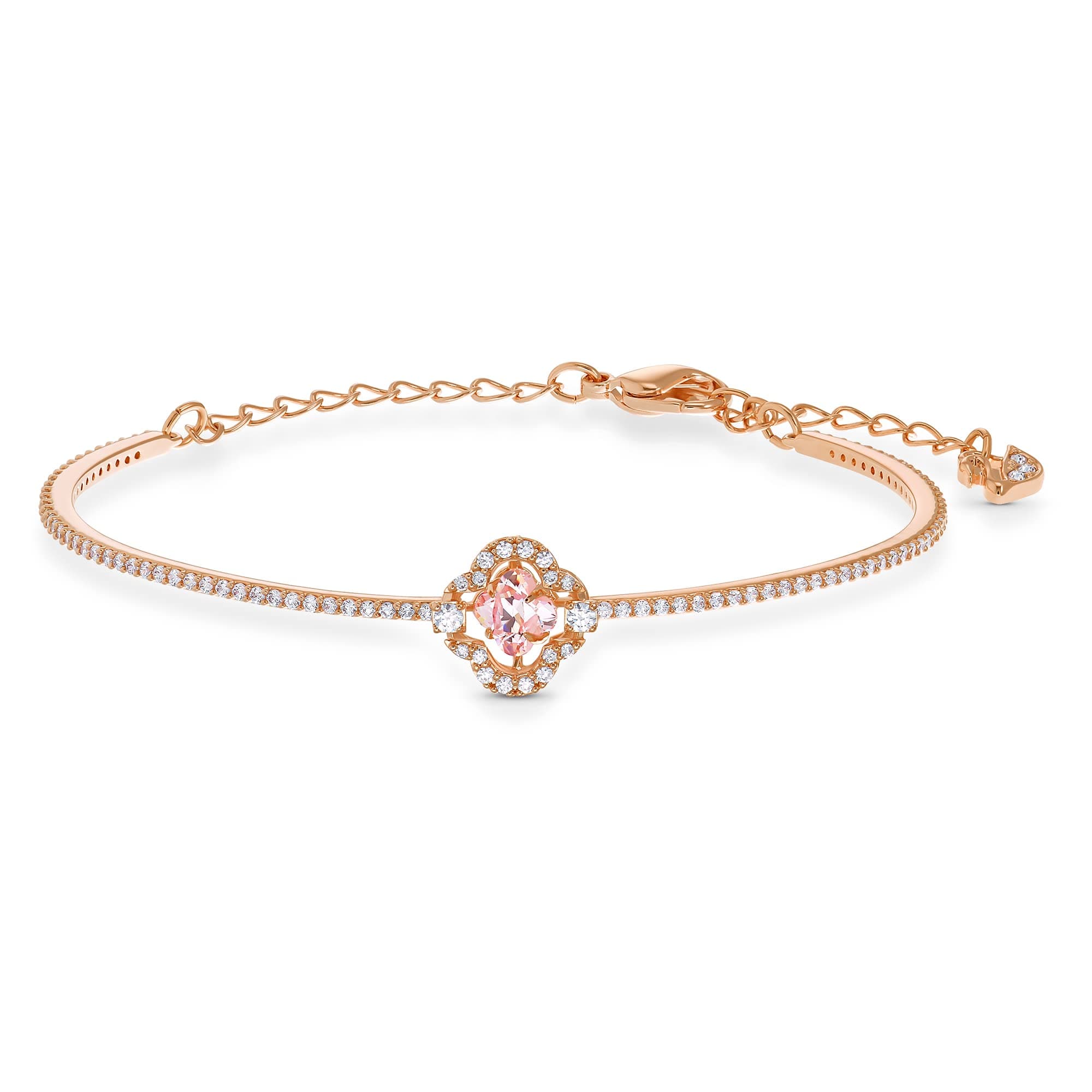 Swarovski Una Clover Bangle Bracelet for Women with a Pink Crystal Surrounded by White Crystal Pavé on a Rose-Gold Tone