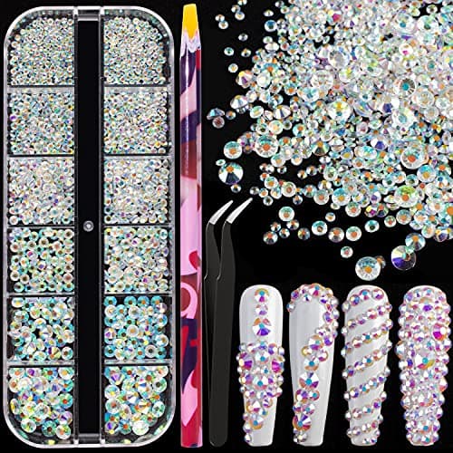BELLEBOOST Iridescent Multi Shapes 3D Glass AB Crystal Nail Art Kit for Craft Decoration with Picks and Tweezers