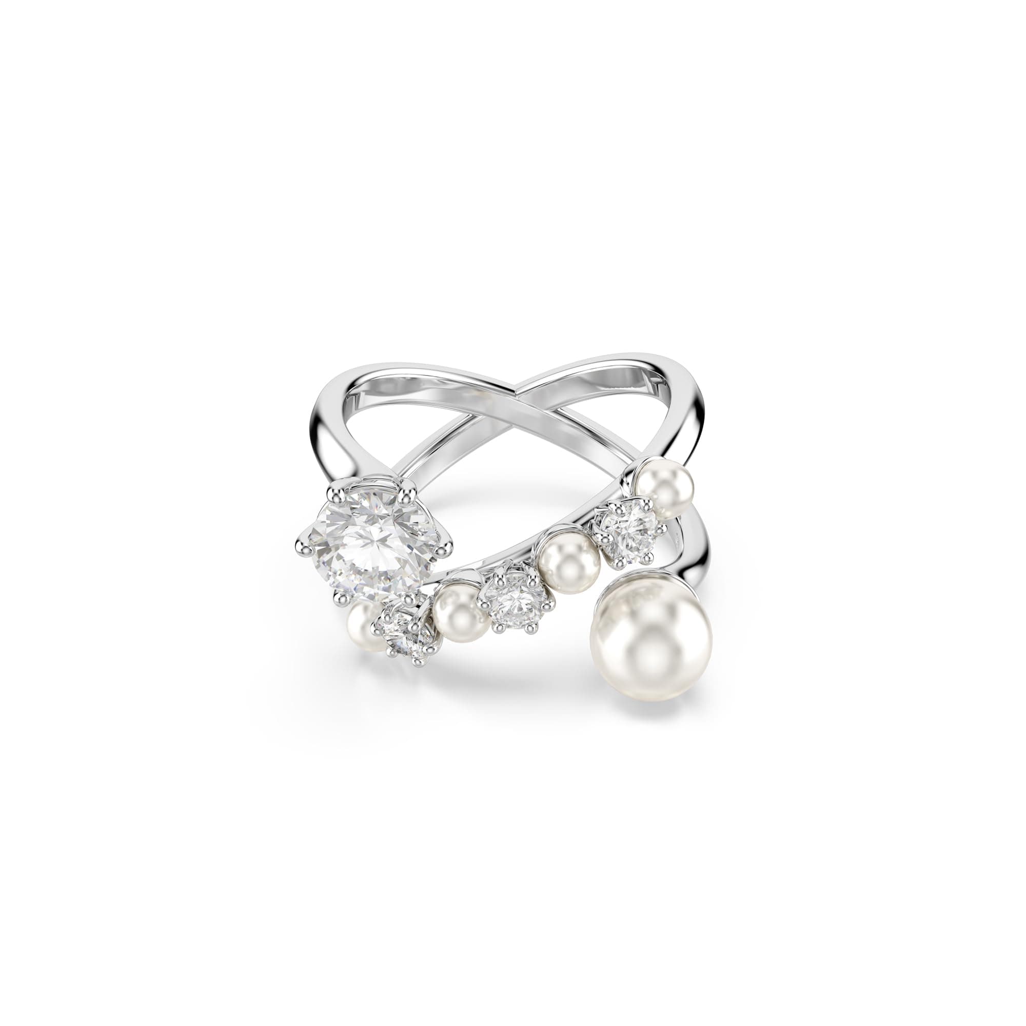 Swarovski Matrix Clear Crystal Pearl Round Cut Rhodium Finish Cocktail Ring for Women Evening Party Accessories