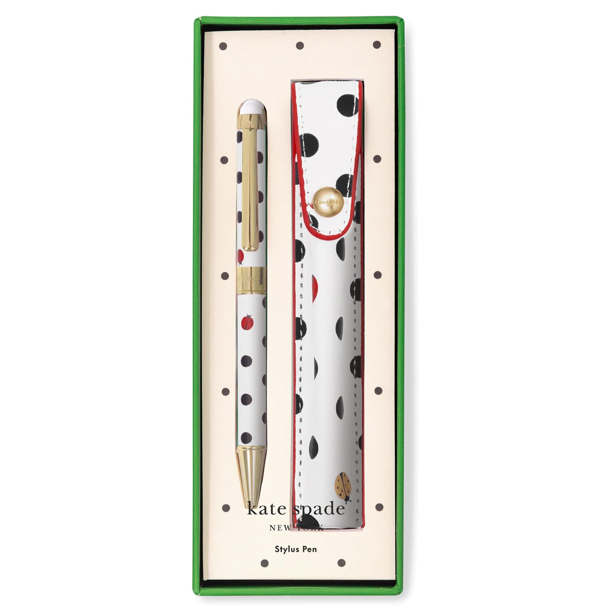 Kate Spade New York Stylus Pen for Touch Screens | Metal Ballpoint Pen with Black Ink and Storage Pouch | Ladybug Dot De
