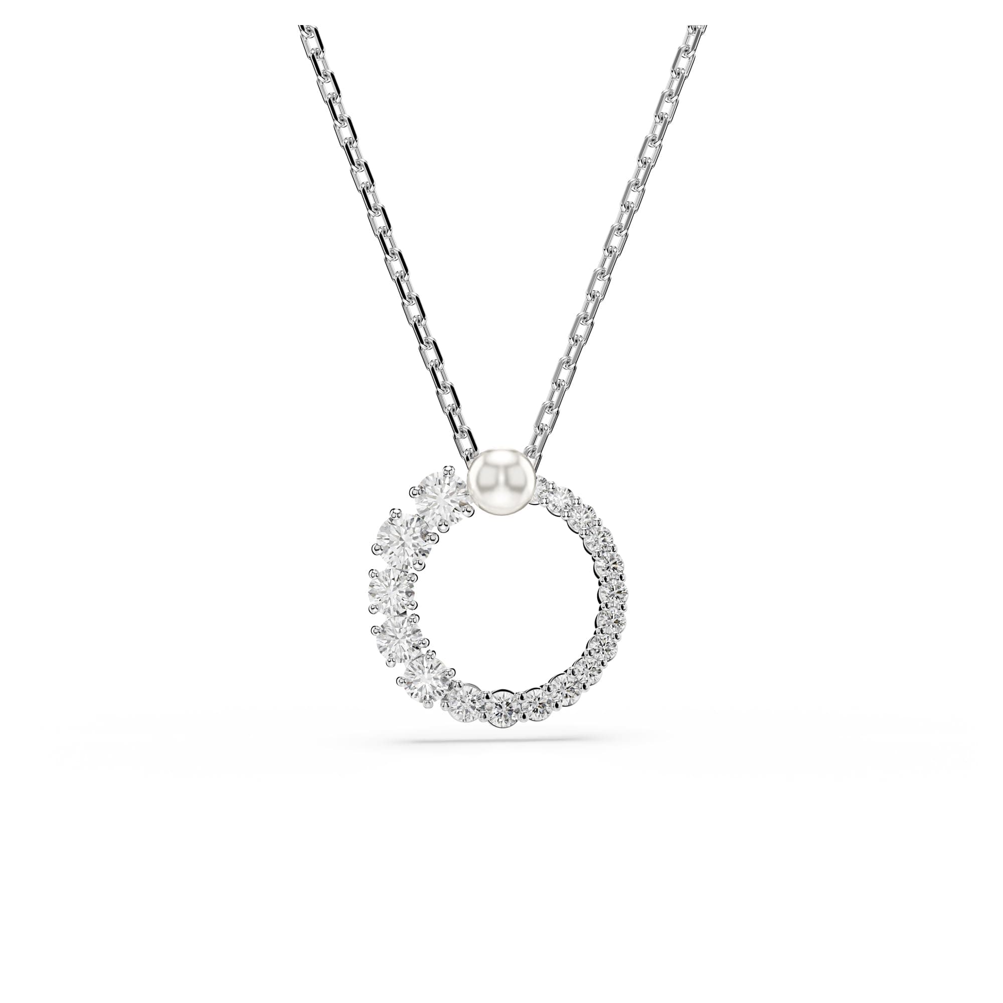 Swarovski Matrix Pendant Clear Crystal Pearl Round Cut Rhodium Finished Necklace