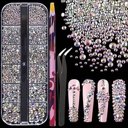 BELLEBOOST Iridescent Multi Shapes 3D Glass AB Crystal Nail Art Kit for Craft Decoration with Picks and Tweezers