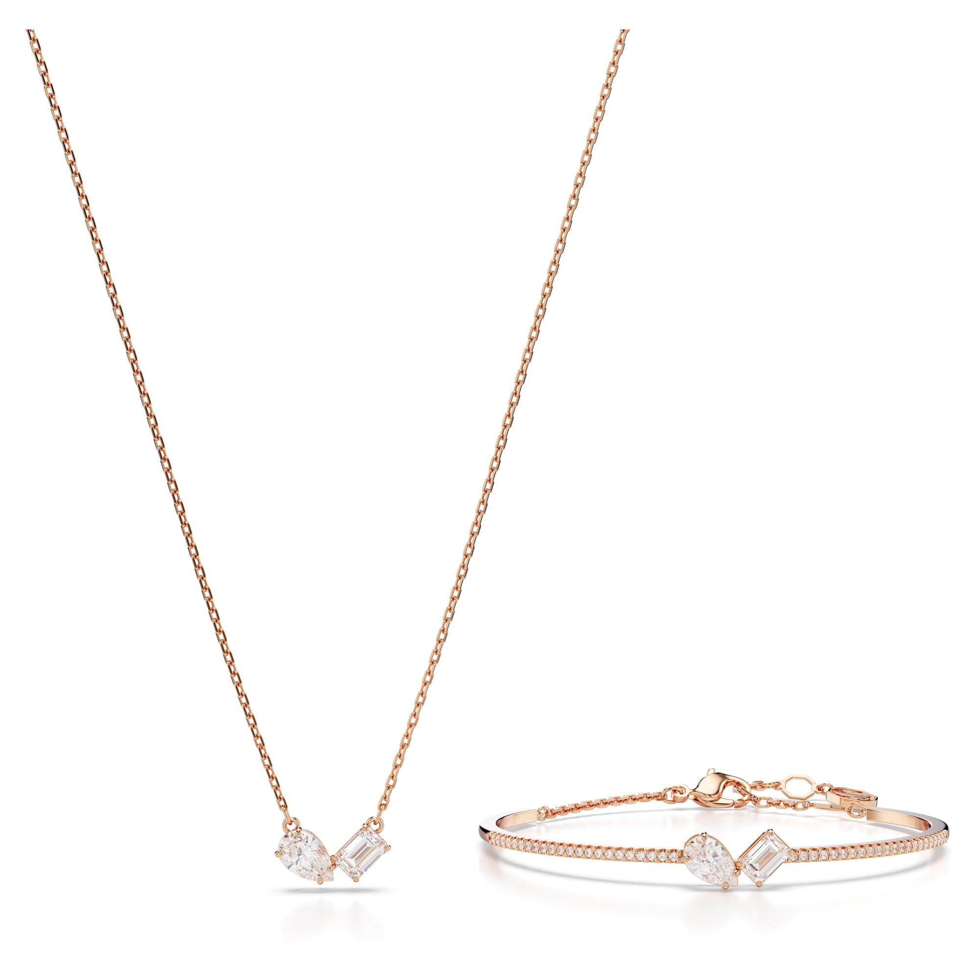 Swarovski Mesmera Clear Mixed-Cut Stones Necklace and Bracelet Set for Women, Rose Gold-Tone Finished Setting, Part of t