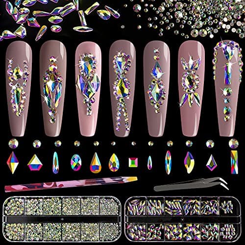 BELLEBOOST Iridescent Multi Shapes 3D Glass AB Crystal Nail Art Kit for Craft Decoration with Picks and Tweezers
