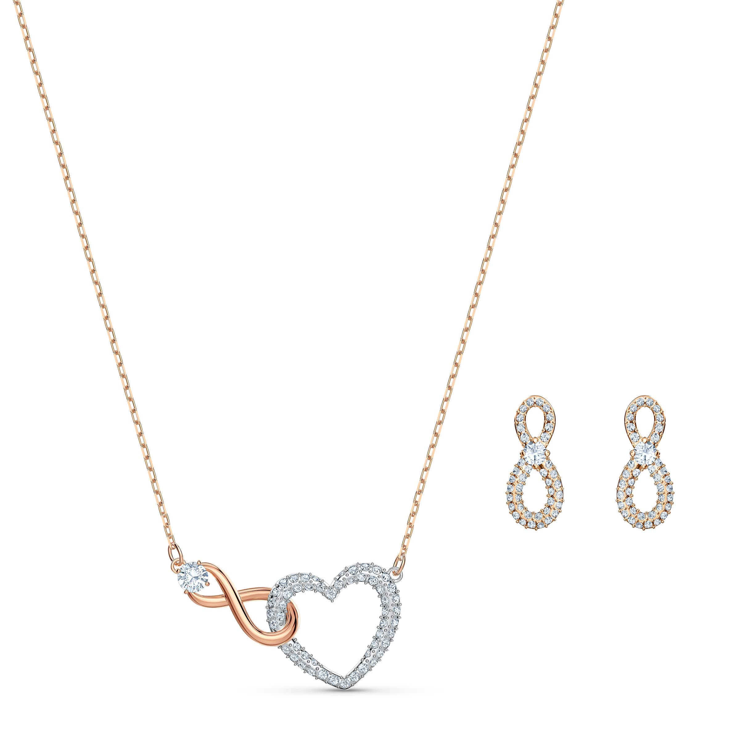 Swarovski Infinity Necklace and Stud Pierced Earrings Set for Women with Clear Crystal Pavé and Mixed Metal Plated Fini