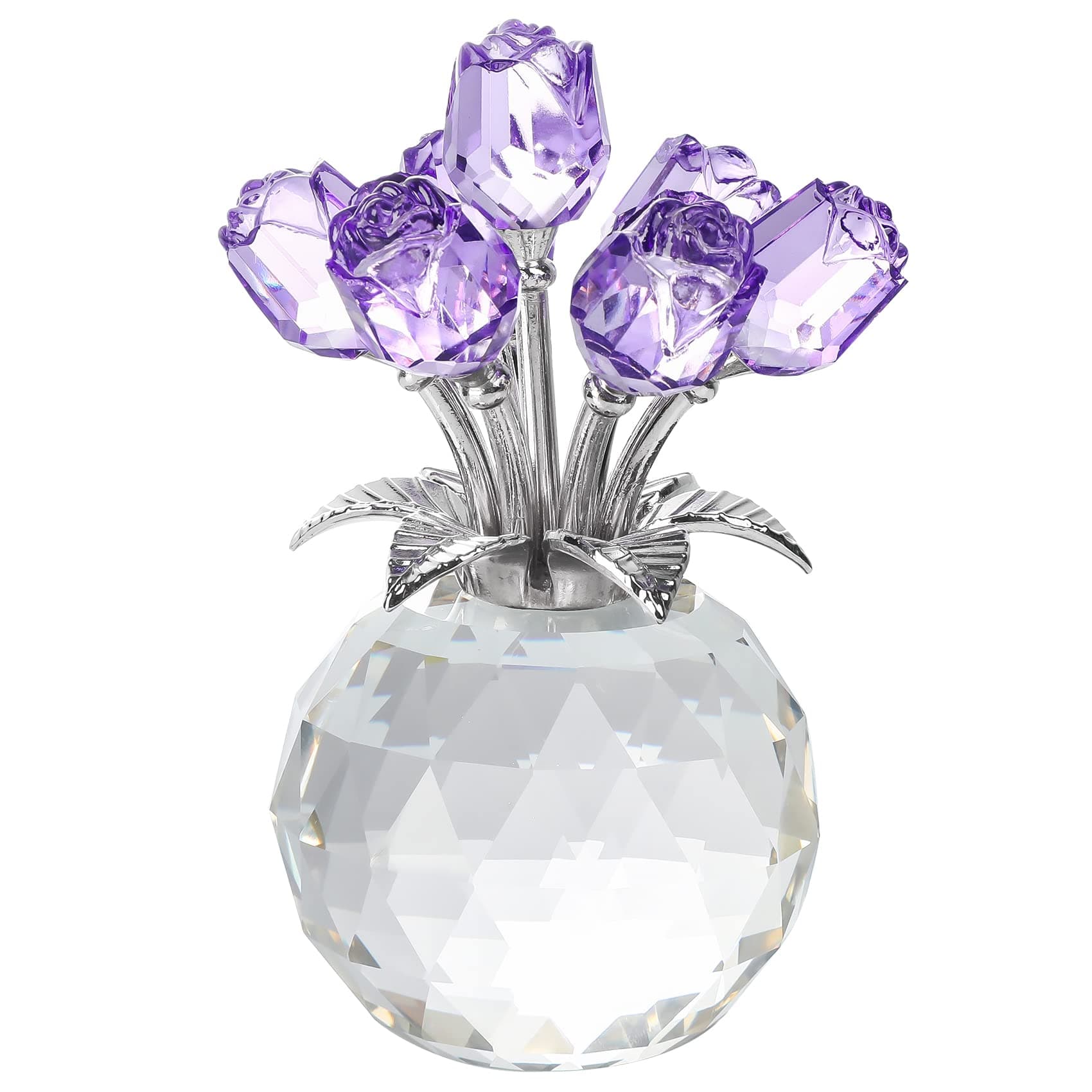 YWHL Handmade Crystal Purple Rose Flower Figurine with Round Vase, Romantic Gifts for Girlfriend and Wife, Home Decor fo