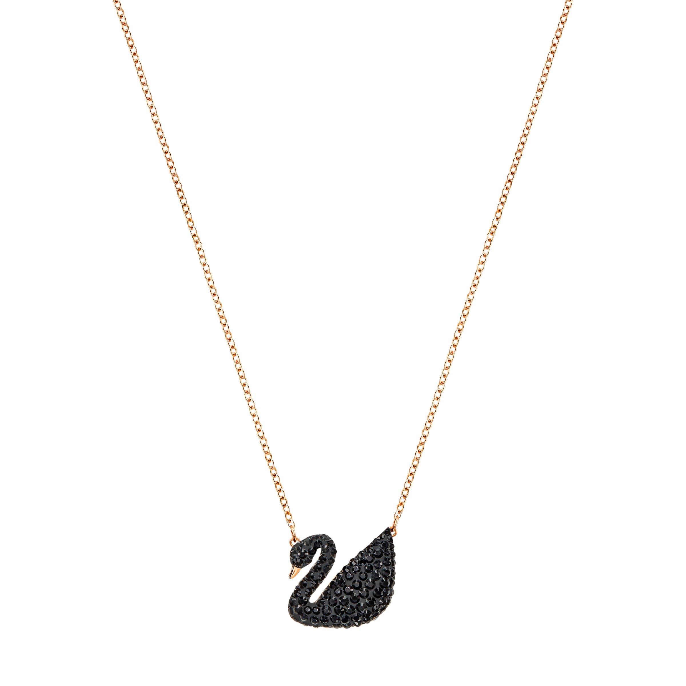 Swarovski Iconic Swan Necklace and Earrings Collection - Rose Gold Tone, Black Crystals, Elegant Jewelry for Special Occ