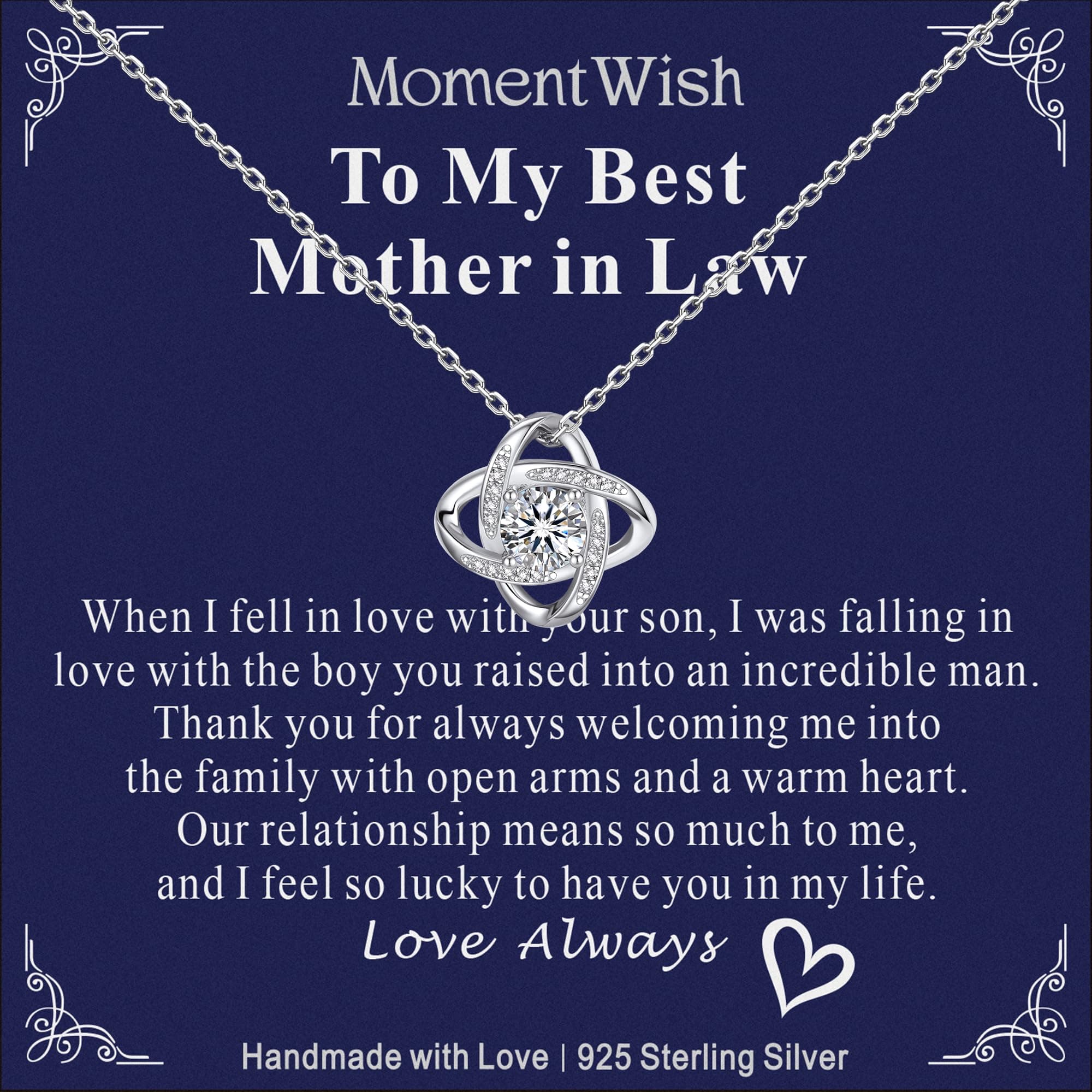 MomentWish Love Knot Necklace, 1 Carat Simulated Moissanite for Women, Mother's Day Gift 925 Sterling Silver Pendant Rec