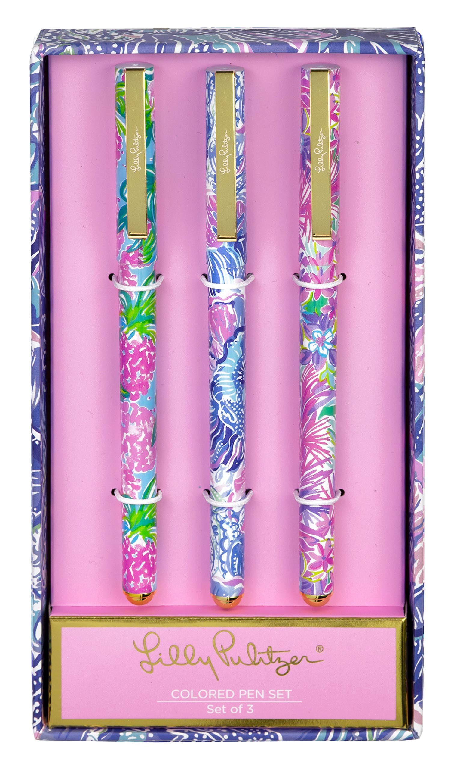 Lilly Pulitzer Colored Pen Set of 3 for Shade Seekers: Pink/Blue/Green Ink, Assorted Styles