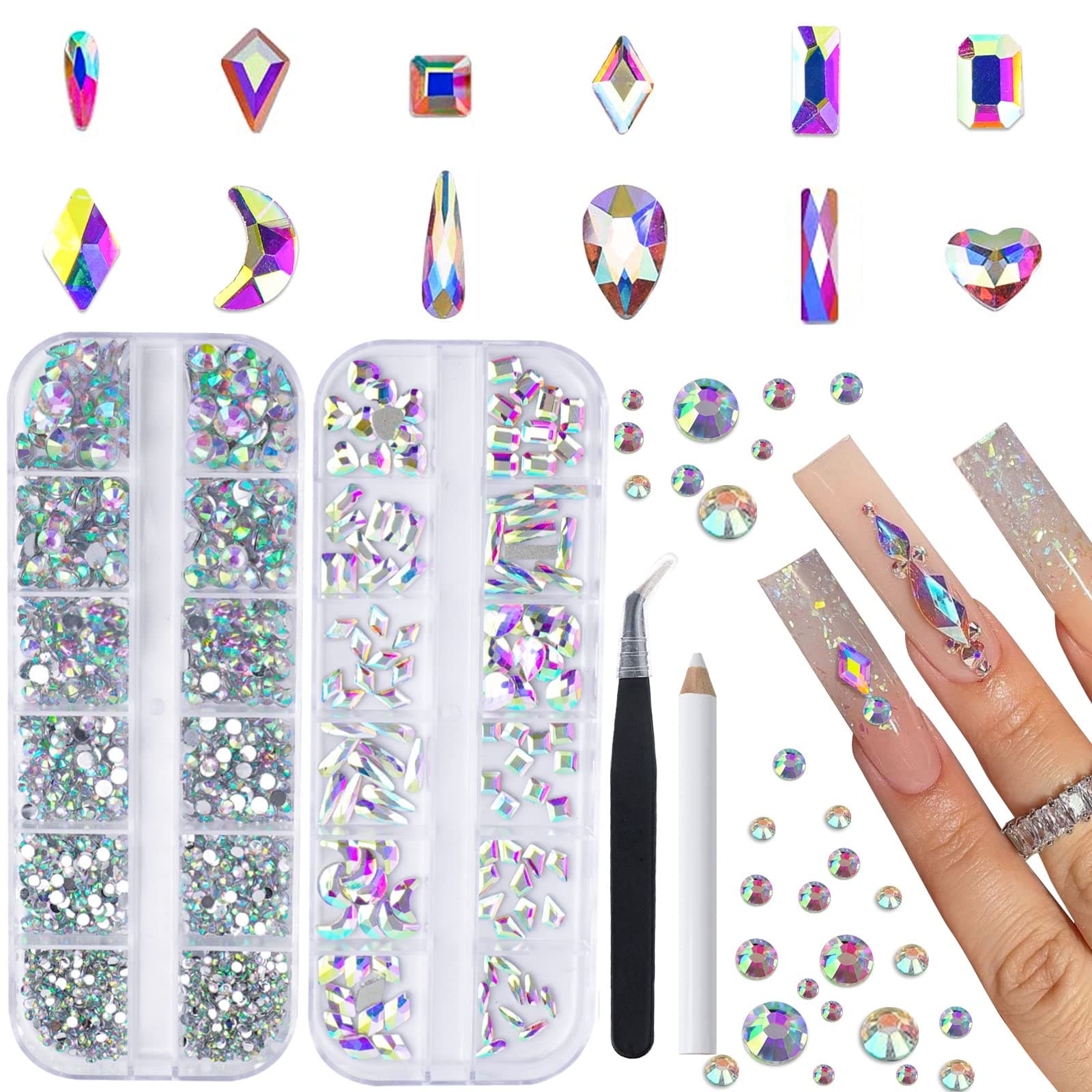 CANVALITE 3D Glass AB Crystals Rhinestones for DIY Nail Art Shiny Multi Shape 2518Pcs 12 Styles for Nail Art Enthusiasts
