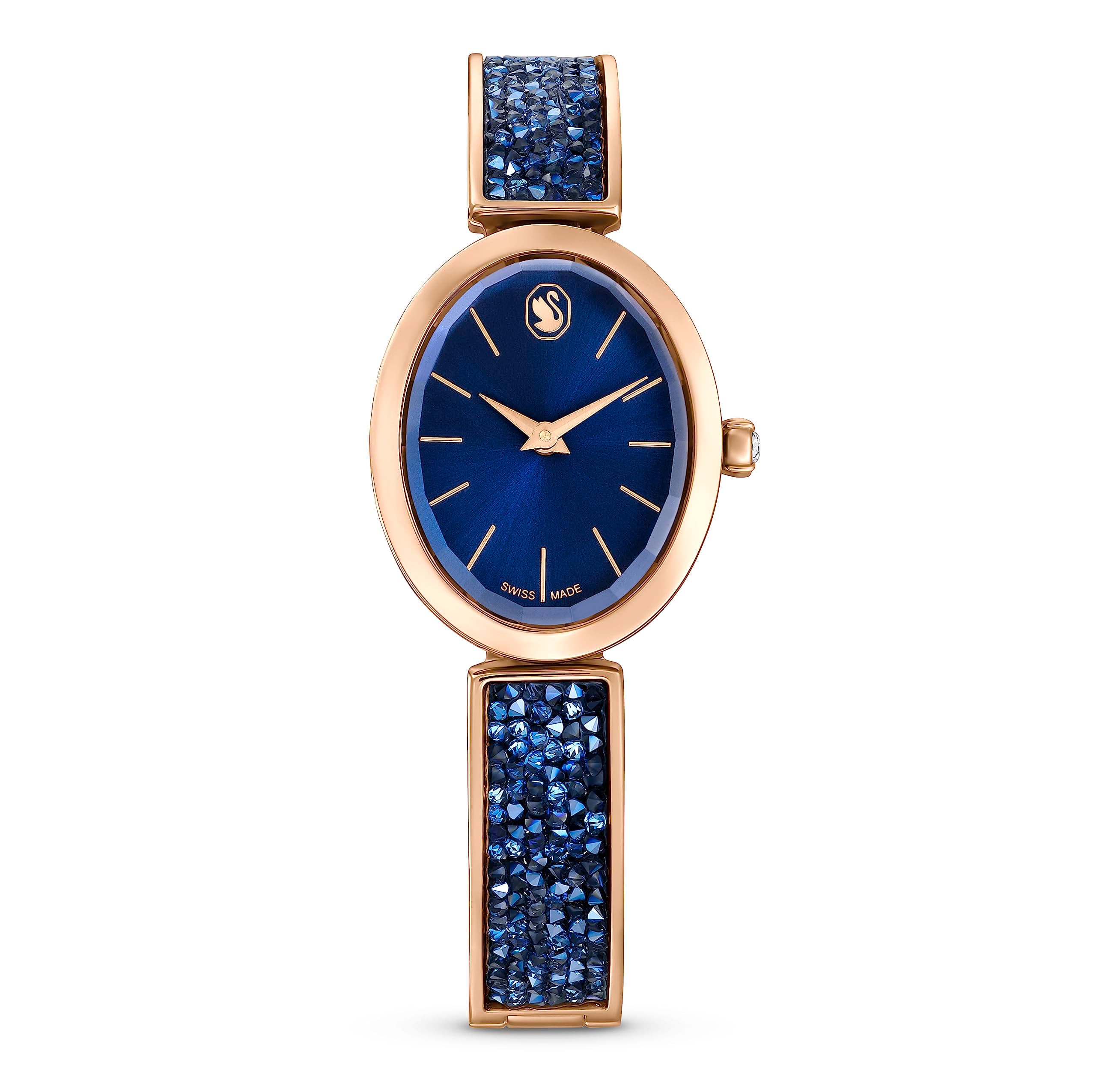 Swarovski Crystal Rock Oval Watch for Women, Rose Gold-Tone Metal Bracelet, Blue Dial, Swiss Made, 36mm Diameter