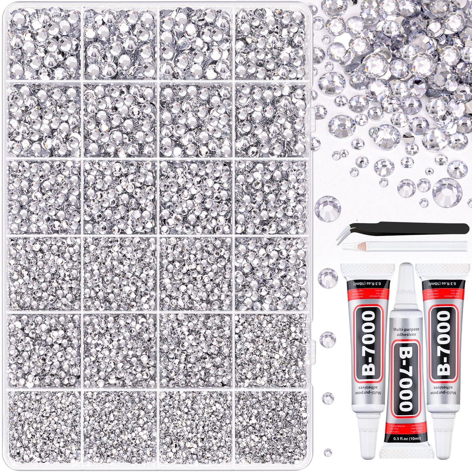 25000 Pcs Silver Clear Flatback Rhinestones for DIY Crafts
| Bedazzling Crystal with 3 Pcs 10ml B7000 Jewelry Glue for