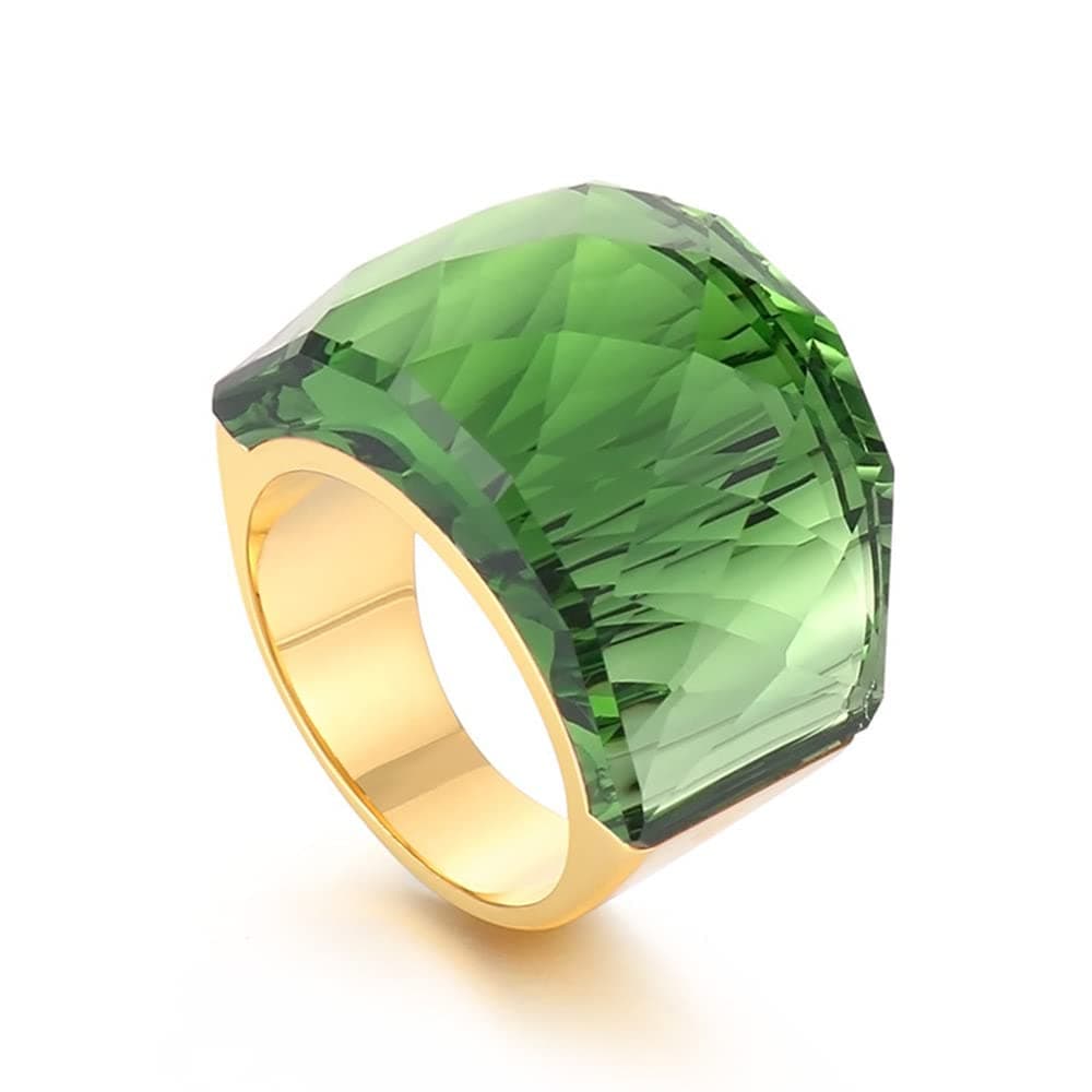 OIDIMS Crystal Glass Stainless Steel Band Ring Gold Plated Large Statement Cubic Zirconia Rings for Women's Birthday Coc