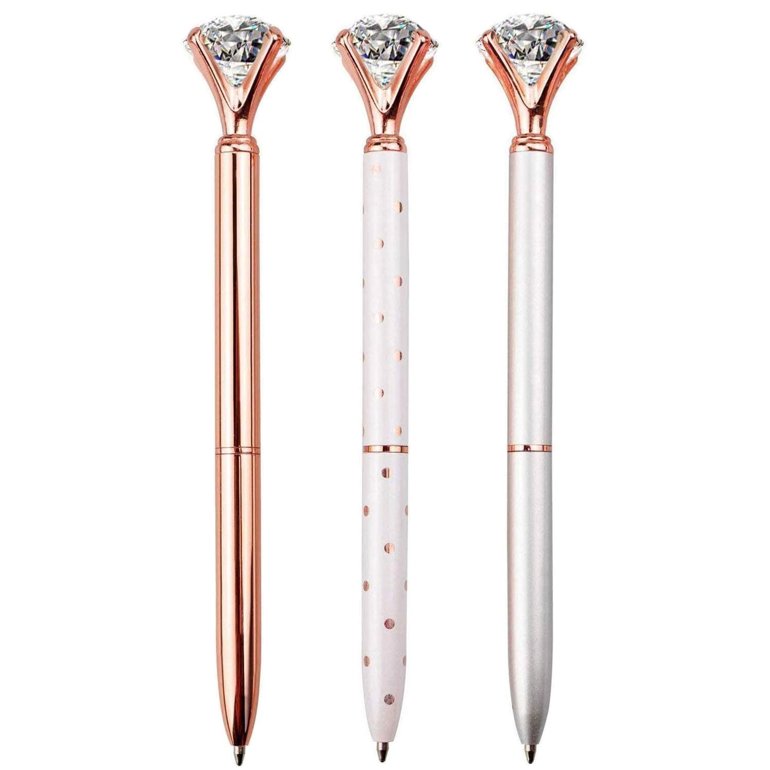 Premium Ballpoint Pens Large Crystal Diamond Pen Bling Metal Office and School Silver/White Rose Polka Dot/Rose Gold 3 P